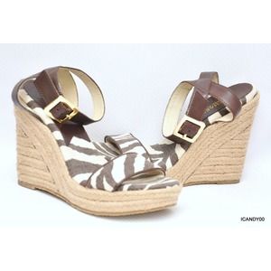 Michael Kors Brown Zebra Espadrille Wedge Sandals with Gold Buckles